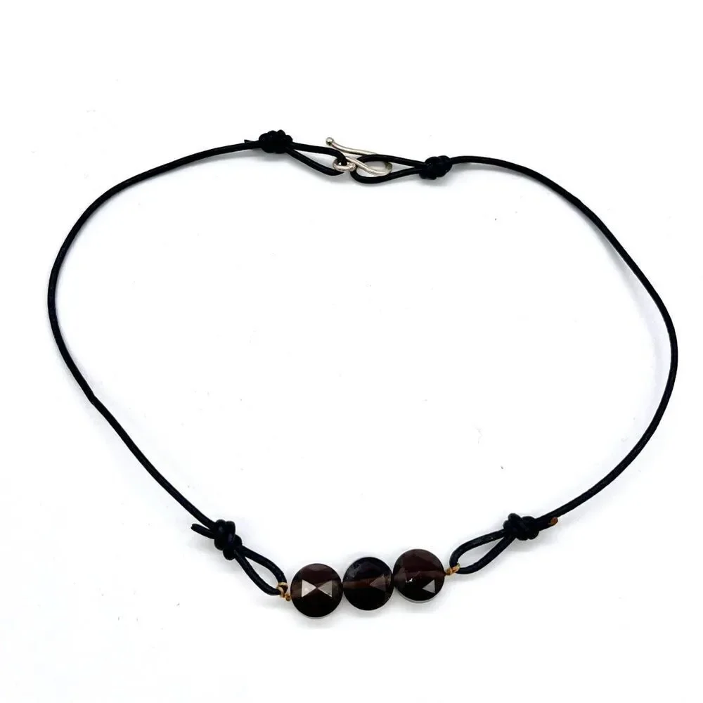 Leather and Onyx Stone with Sterling Silver S Clasp Choker Necklace